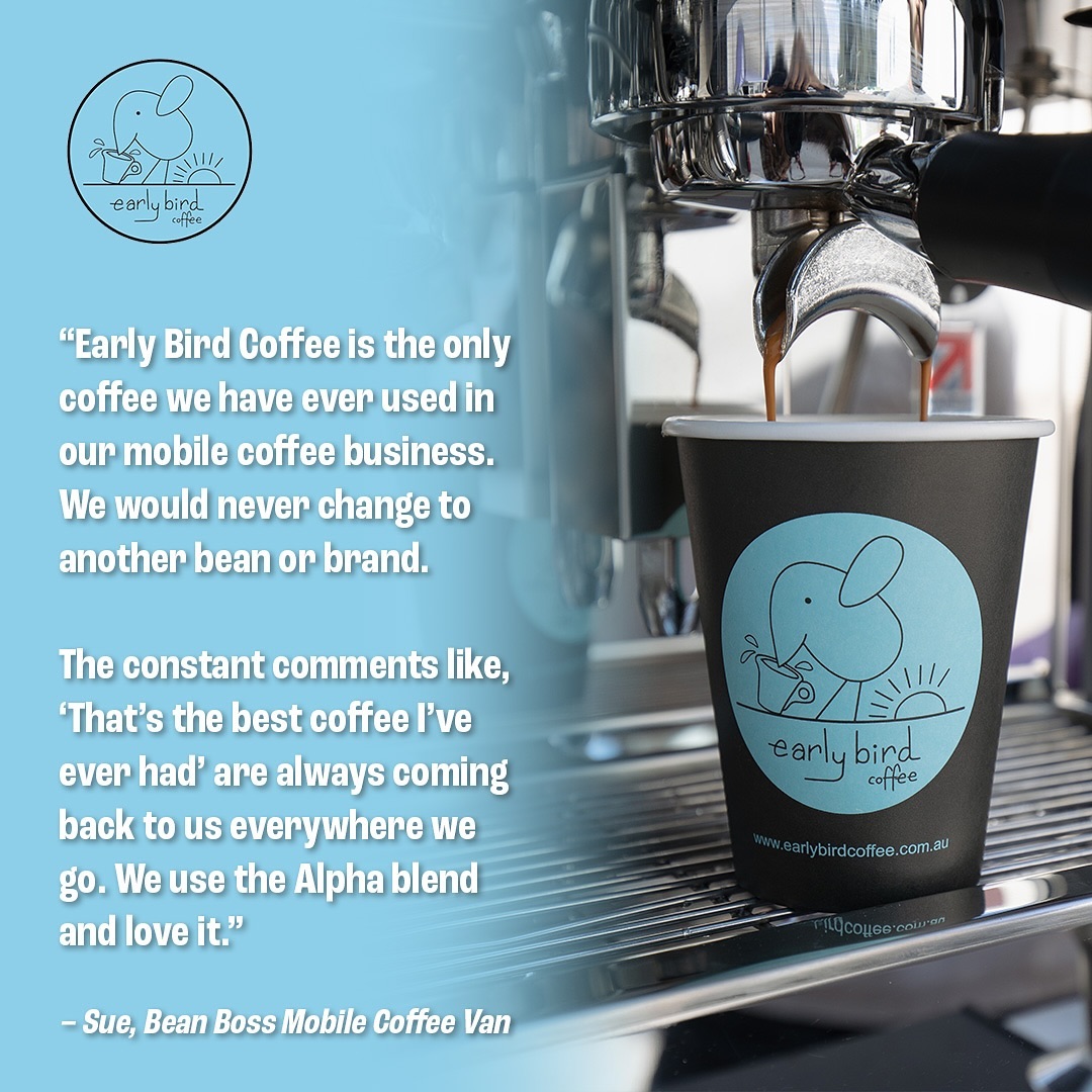 A customer quote about Earlybird beans, set over a photograph of a coffee van.
