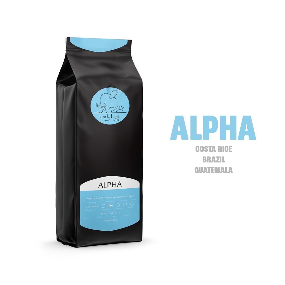 A black bag of Earlybird Alpha blend, listing its origins.