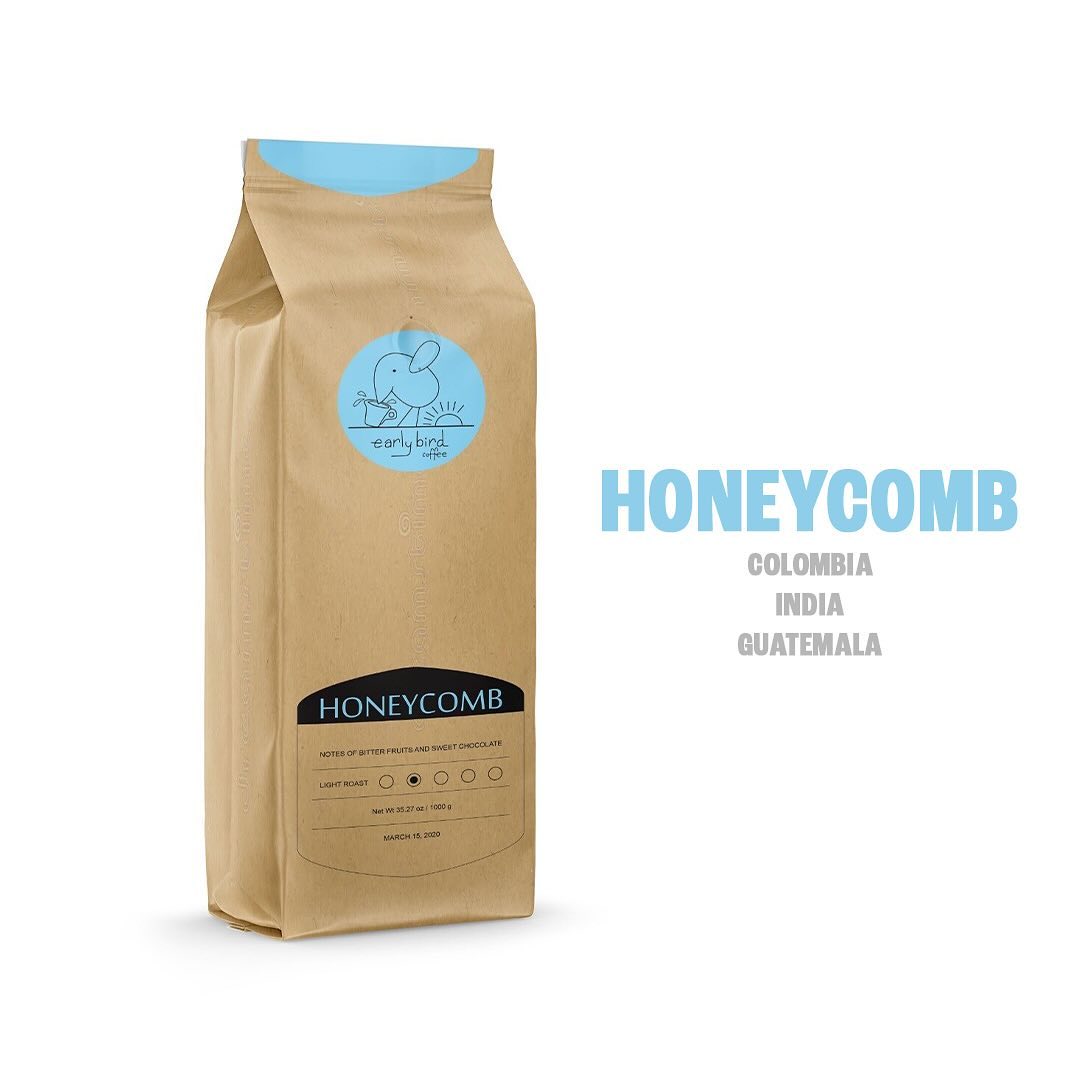 A kraft bag of Earlybird Honeycomb blend, listing its origins.