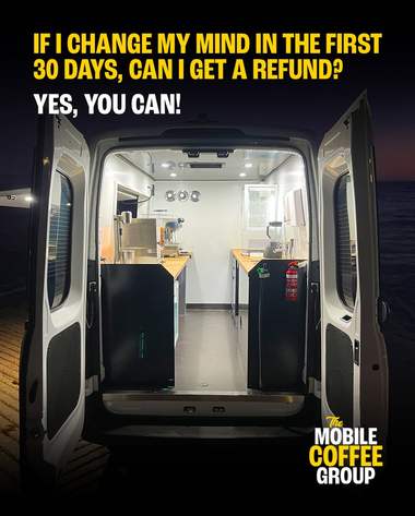 The bright interior of a fitted van, headed “Changed your mind in 30 days, can I get a refund? Yes, you can!”