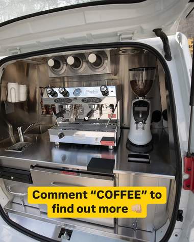 An espresso machine and grinder on a stainless bench inside a van, captioned “Comment COFFEE to find out more”.