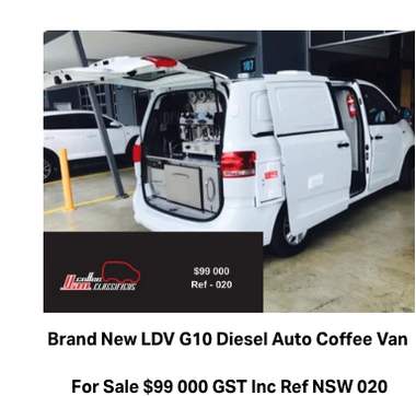 A brand new white LDV G10 coffee van with the rear hatch up over the fitted bench, listed at $99,000.