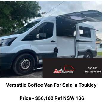 A white coffee van with its side door open, listed for sale in Toukley at $56,100.