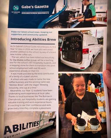 A school newsletter page introducing Abilities Brew, with photographs of the new coffee van and students using it.