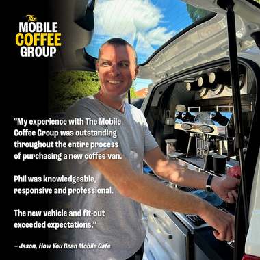 A Mobile Coffee Group graphic carrying a customer review beside a photograph of the owner with his van.