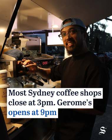 A newspaper clipping headed “Most Sydney coffee shops close at 3pm. Gerome’s opens at 9pm”, over a photograph of a barista at work.