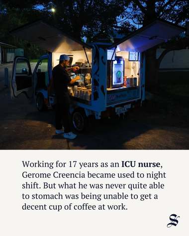 A newspaper clipping about Gerome Creencia, over a night-time photograph of his lit coffee van.