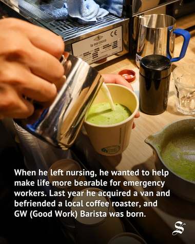 A newspaper clipping about GW Barista, over a photograph of milk being poured into a cup.