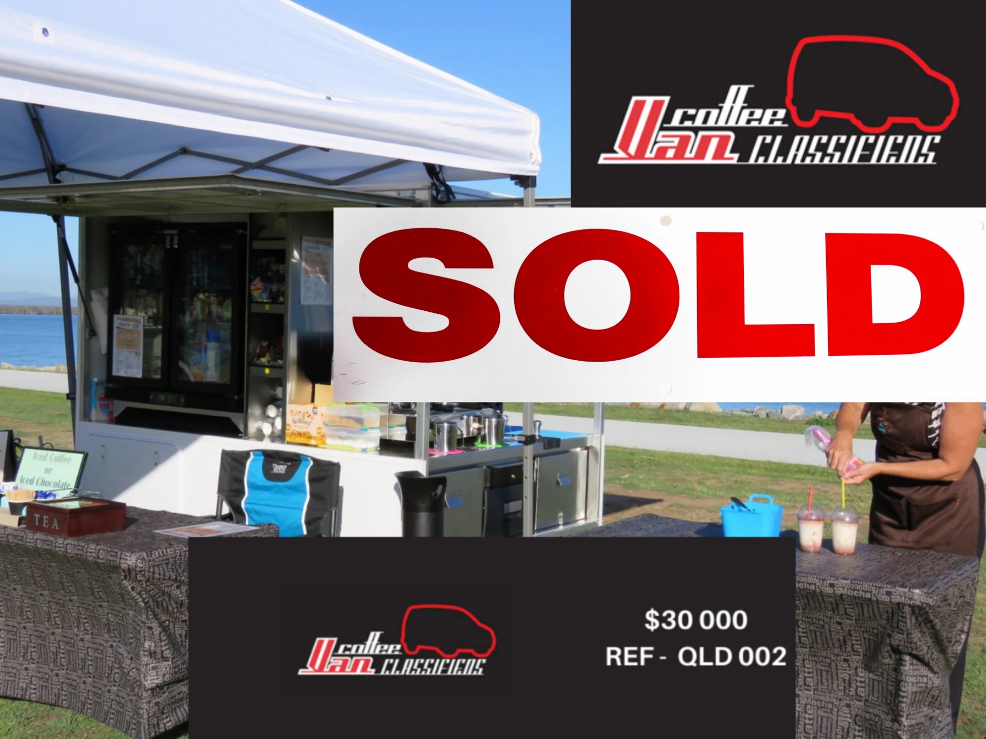 A Coffee Van Classifieds listing marked SOLD — a coffee trailer set up under a marquee beside the water, priced at $30,000, reference QLD 002.