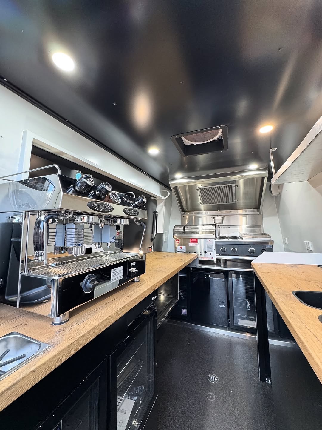 Food truck interior, espresso bar and cook-line