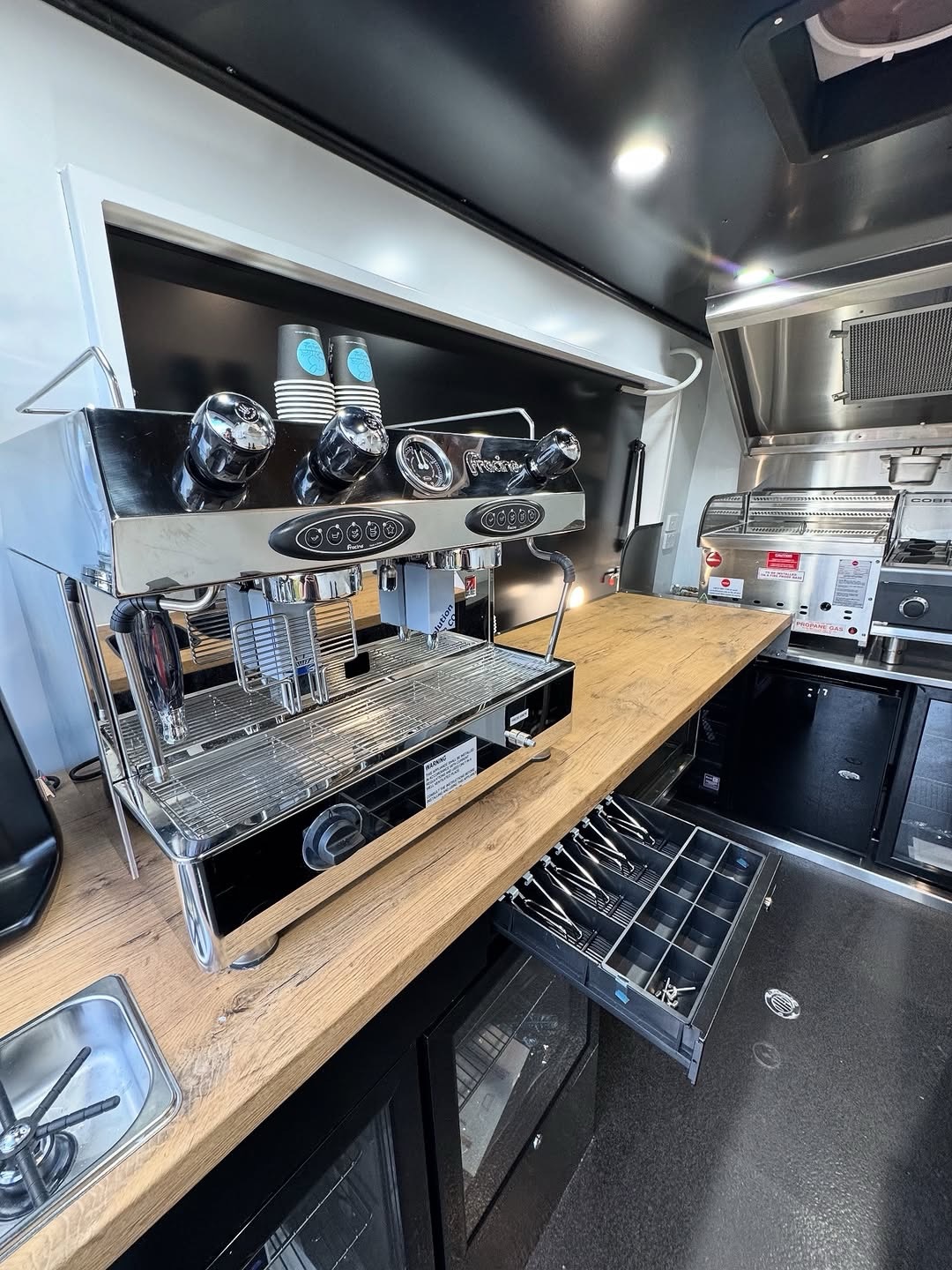 Wide interior view of finished food truck fit-out