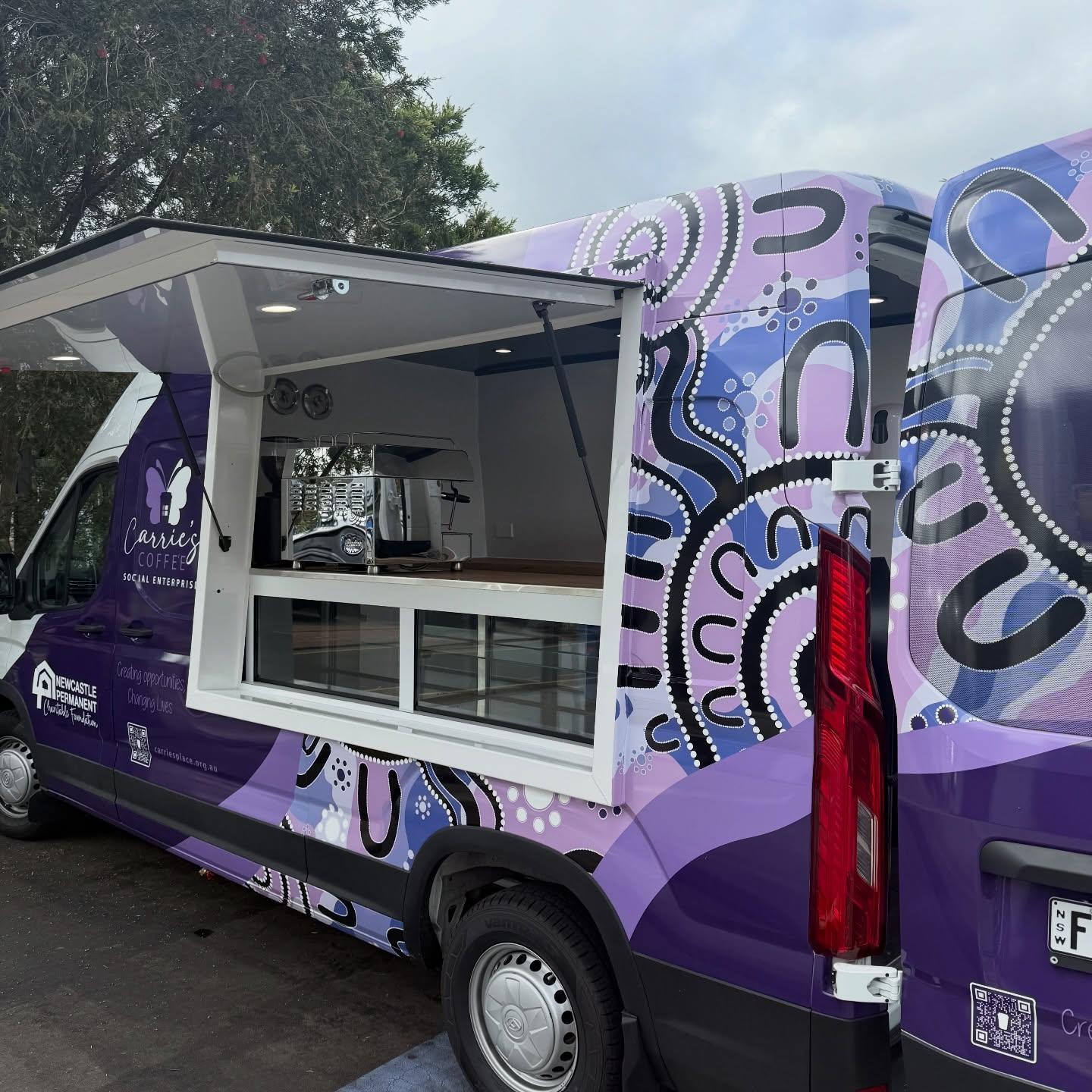 Carrie's Coffee walk-in van, servery window open